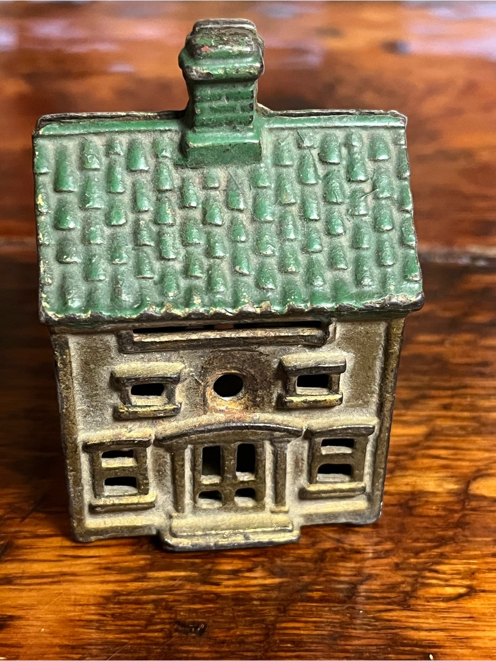 Vintage Cast Metal House Coin Bank with Green Roof